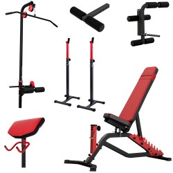 Hantelbank mit der Hantelablage +Curlpult, Latzugstation, Beinhalter und Beincurler von Marbo-Sport MS-Z120 Set