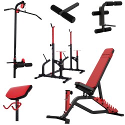 verstellbare Hantelbank mit der Hantelablage+ Latzugstation, Curlpult, Beincurler und Beinhalter von Marbo-Sport MS-Z125 Set