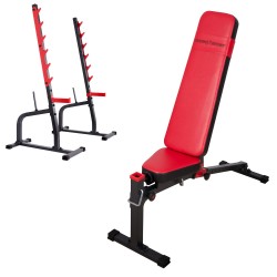 Hantelbank mit freistehender Hantelablage+Latzugstation,Curlpult, Beincurler und Beinhalter von Marbo-Sport MS-Z130 Set