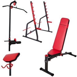 Hantelbank mit freistehender Hantelablage+Latzugstation,Curlpult, Beincurler und Beinhalter von Marbo-Sport MS-Z130 Set