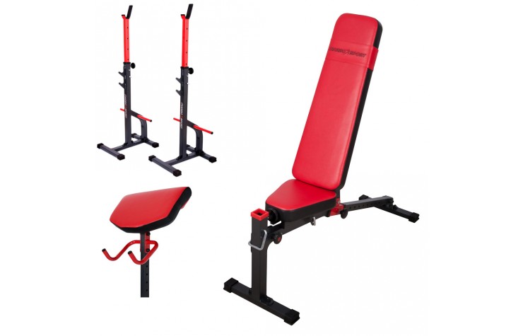 Hantelbank mit freistehender Hantelablage+Latzugstation,Curlpult, Beincurler und Beinhalter von Marbo-Sport MS-Z130 Set