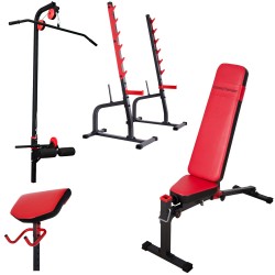 Hantelbank mit freistehender Hantelablage+Latzugstation,Curlpult, Beincurler und Beinhalter von Marbo-Sport MS-Z130 Set