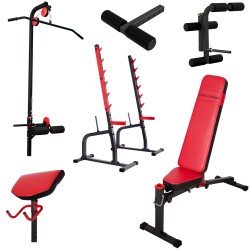 Hantelbank mit freistehender Hantelablage+Latzugstation,Curlpult, Beincurler und Beinhalter von Marbo-Sport MS-Z130 Set