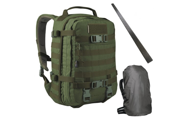 Komplettset Wisport Taktischer Rucksack Sparrow II 30 L Khaki mit Regenhülle Graphite und Glasfiber-Gestell