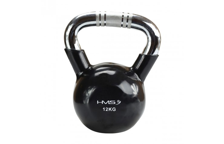 Kugelhantel Kettlebell 12 kg KTC12 mit Vinyl-Bezug und verchromtem Griff HMS
